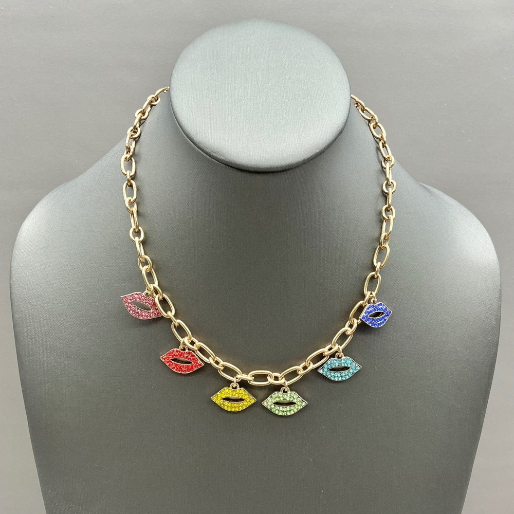 Betsey Johnson Necklace Rainbow Crystal Lips Charm Gold Tone Chain Adjustable